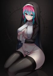 1girls bangs black_panties black_thighhighs blue_eyes blue_hair breast_curtains breasts cross cross_necklace female female female_only habit heterochromia highleg highleg_panties highres hiroside jewelry kneeling large_breasts looking_at_viewer multicolored_hair navel necklace nun original own_hands_clasped own_hands_together panties pink_eyes pink_hair pubic_tattoo short_hair_with_long_locks shrug_(clothing) solo tattoo thighhighs two-tone_hair underwear