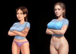 1girls ai_generated arms_folded brown_hair jenny_(summertime_saga) large_breasts nipples_visible_through_clothing panties partially_clothed realistic solo_female solo_focus summertime_saga underwear