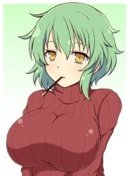 1girls expressionless female gradient_background green_hair hair_between_eyes hikage_(senran_kagura) huge_breasts ichiryuu_tsumiki impossible_clothes light-skinned_female light_skin looking_at_viewer medium_hair pocky senran_kagura simple_background slit_pupils solo standing sweater yellow_eyes