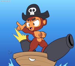 anthro bloons_tower_defense boat breasts buccaneer_monkey female fours_(artist) genitals gesture haplorhine hi_res mammal monkey monkey_girl ninja_kiwi nipples pointing primate pussy ranged_weapon short_stack solo vehicle watercraft weapon wet