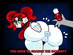 1girls 2d 2d_(artwork) anus ass ass_focus baby_(fnafsl) battery bent_over big_ass big_breasts breasts circus_baby circus_baby_(fnaf) clown clown_girl crushtrap donut_anus english_text fat_ass five_nights_at_freddy's five_nights_at_freddy's:_sister_location green_eyes holding_ass holding_own_ass looking_back presenting presenting_anus presenting_hindquarters puffy_anus pussy red_hair red_shirt spreading spreading_ass suppository tagme text thick_ass vagina white_skin