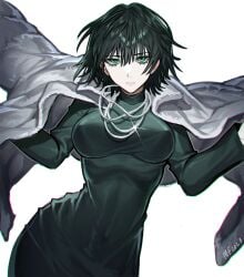 1girls 2023 adult adult_female artist_signature big_breasts bob_cut breasts busty clothed curvaceous curves curvy curvy_body curvy_female curvy_figure curvy_hips dress female female_only fubuki_(one-punch_man) fully_clothed fur_coat green green_clothing green_dress green_eyes green_hair hips inframammary_clothing_crease jacket_on_shoulders jewelry large_breasts light-skinned_female light_skin looking_at_viewer mary_felizola necklace nipple_bulge one-punch_man short_hair simple_background solo solo_female solo_focus superhero superheroine tight_clothing voluptuous white_background