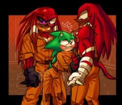 anthro bandaged_arm blush blushing collar cyborg echidna furry gay grinding grinding_on_penis heart hedgehog knuckles_the_echidna male/male male_only mobian_(species) muscles muscular muscular_male prison prisoner scourge_the_hedgehog sega size_difference skyuuto sonic_(series) sonic_the_hedgehog_(archie) sonic_the_hedgehog_(comics) sonic_the_hedgehog_(series) threesome yaoi