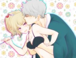 1boy 1girls annoyed bikini black_bikini blonde_hair blush cleavage embarrassed facial_scar female from_behind gintama gintoki_sakata groping groping_breasts groping_from_behind hair_ornament hand_under_clothes hand_under_swimsuit haori kiseru looking_at_another looking_back male official_alternate_costume paleatus pervert pipe ponytail sexual_harassment smoking smoking_pipe swimsuit tsukuyo upper_body