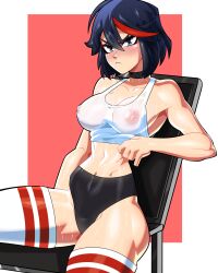 1girls absurd_res angry big_breasts black_hair blue_eyes breasts choker cleavage female female_focus female_only frown hi_res hips kill_la_kill lifting_shirt matoi_ryuuko midriff minicop2001 navel nipples no_bra red_hair see-through see-through_top shiny_skin simple_background sitting solo solo_female solo_focus striped_legwear sweat sweaty_body thick_thighs thighhighs thighs tomboy two_tone_background two_tone_hair white_shirt