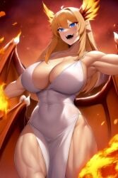 1girls 2d ai_generated anthro belly_button blue_eyes blush breasts detailed_background dragon dragon_girl dragon_horns dragon_tail dress female female_focus female_only horns large_breasts muscular muscular_female muscular_thigh sharp_teeth smile solo thick thick_thighs wings