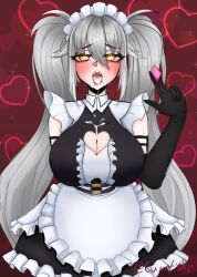 big_breasts cum cum_in_mouth cum_inside cumfishe female_only heart heart-shaped_pupils holding_condom holding_object light-skinned_female light_skin maid maid_outfit solo twintails virtual_youtuber vshojo white_hair yellow_eyes zentreya