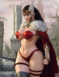 1girls 3d absurd_res bikini_armor black_hair blue_eyes breasts cape cleavage female female_only goddess helmet hi_res lady_sif large_breasts looking_at_viewer marvel marvel_comics rude_frog solo thighhighs thighs thor_(series) wide_hips