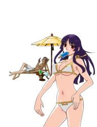 1boy 1girls alternate_costume background_character beach bikini cleavage dark_hair dark_purple_hair eating female female_focus food gintama hime_cut ice_cream imai_nobume kotani long_hair male medium_breasts object_in_mouth popsicle purple_hair red_eyes sasaki_isaburo solo_focus swimsuit underboob white_bikini