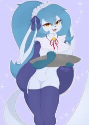 anthro awintermoose big_breasts blue_body breasts clothed clothing eeveelution female generation_4_pokemon glaceon hi_res holding_object legwear looking_at_viewer nintendo open_mouth pokemon pokemon_(species) pokemon_unite pokemorph solo tea_party_style_glaceon yellow_eyes