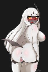 <3_eyes absol anthro areola ass big_breasts blush bodily_fluids breasts female fredory generation_3_pokemon genital_fluids genitals hand_on_butt heart looking_at_viewer nintendo nipples open_mouth plump_labia pokemon pokemon_(species) pokemorph pussy pussy_juice solo spread_butt spreading white_body yellow_eyes