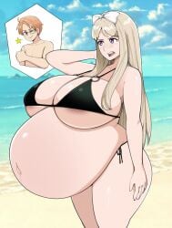 1boy 1girls alfred_jones alternate_version_available america_(hetalia) annoyed ass axis_powers_hetalia background beach belarus_(hetalia) belly big_ass big_belly big_breasts bikini blonde_hair blue_eyes blush breasts commission commissioner_upload detailed_background embarrassed glasses hairbow hand_behind_head hand_on_hip huge_belly huge_breasts light-skinned_female light-skinned_male light_skin long_hair looking_away male natalia_alfroskaya open_mouth plump pregnant purple_eyes solo_focus standing straight_hair thick_thighs thighs thumbs_up zeruxu