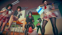 barefoot big_breasts blue_nails breasts classroom dialogue dress_lift feet female femdom honey_select humiliation male masturbation multiple_girls nails penis red_eyes school school_uniform short_hair split teasing thighhighs tomboy twintails