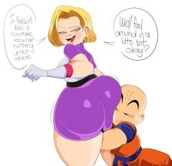 1boy 1girls android_18 ass ass_worship bald barrybbeesly big_ass blonde_hair cheelai_(cosplay) dialogue dragon_ball dragon_ball_super gloves huge_ass hugging hugging_ass krillin kuririn light-skinned_female light-skinned_male looking_at_another text tight_clothing