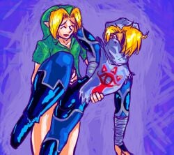 2boys abstract_background ambiguous_gender ambiguous_penetration androgynous arm_around_neck arm_around_shoulders arm_under_legs ass black_nails blonde_hair bulge clothed_sex clothing eyes_closed hair_over_one_eye hand_on_butt hand_on_thigh holding_leg holding_partner hylian hylian_ears implied_anal implied_penetration implied_sex just_a_lil_guy latex leaning leg_up link link_(ocarina_of_time) looking_at_another looking_at_partner looking_back looking_pleasured male_only masked ocarina_of_time painted_nails penis red_eyes sex sheik sheikah shiny shiny_clothes smile standing standing_sex tan_skin the_legend_of_zelda tight_clothing vibrator_under_clothes