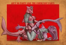 anthro big_breasts bondage breasts communism diphallia diphallism duo fish genitals gynomorph intentionsnasty intersex intersex/intersex marine membrane_(anatomy) multi_genitalia multi_penis nipple_piercing nipples penis piercing politics purple_body purple_skin red_background red_penis restraints shark simple_background text webbed_feet