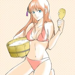 1:1 3mm aged_up bikini blue_eyes bun_cover cleavage cooking female female_only food gintama gintama:_be_forever_yorozuya hair_ornament kagura_(gintama) kneeling long_hair looking_at_viewer lowres medium_breasts orange_hair red_bikini rice smile solo swimsuit