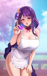 1girls absurdres apron big_breasts breasts chocolate female foxy_rain_(foxyreine) foxyrain_(foxyreine) foxyreine genshin_impact holding_object light-skinned_female light_skinned_female long_hair naked_apron purple_eyes purple_hair raiden_shogun tagme thick_thighs valentine's_day voluptuous