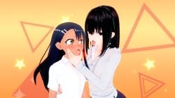 2girls 3d big_breasts black_hair blush breasts brown_eyes clothed clothing cricgck earrings female female_focus female_only hayase_nagatoro hi_res highres incest long_hair medium_hair misaki_nagatoro open_mouth please_don't_bully_me,_nagatoro revealing_clothes simple_background sisters small_breasts tan tan-skinned_female tan_body tan_skin tanned tanned_female tongue_out yuri