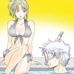 1:1 1boy 1girls 3mm alternate_costume big_breasts bikini black_bikini blonde_hair cleavage facial_scar female gintama gintoki_sakata gradient_background looking_at_another lowres male pervert ponytail pool side-tie_bikini sitting snorkel swimsuit tsukuyo yellow_background