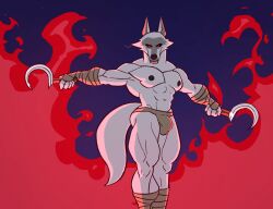 2023 abs animated anthro bara barazoku biceps bottomwear briefs bulge canid canine canis clothed clothing death_(puss_in_boots) detailed_background digital_media_(artwork) dreamworks fire fur grey_body grey_fur grossy_vulpen hand_grab looking_at_viewer male male_only mammal muscular muscular_anthro muscular_male navel nipples partially_clothed pecs puss_in_boots_(film) puss_in_boots_the_last_wish red_eyes sickle solo tail tail_motion tailwag underwear weapon wolf