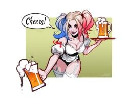 1girls batman_(series) beer beer_glass big_breasts blonde_hair busty cleavage curvaceous curvy curvy_figure dc dc_comics digital_drawing_(artwork) digital_media_(artwork) dyed_hair eyebrows eyelashes eyes female female_only fully_clothed garter_straps hair harley_quinn hourglass_figure injustice_2 large_breasts light-skinned_female light_skin lips minko multicolored_hair olena_minko pigtails slim_waist solo stockings villain villainess voluptuous waitress_uniform wide_hips