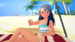 1girls 3d beach bikini black_hair blush breasts brown_eyes cleavage clothed clothing cricgck earrings female female_focus female_only hayase_nagatoro hi_res highres ice_cream long_hair looking_at_viewer open_mouth please_don't_bully_me,_nagatoro revealing_clothes simple_background small_breasts smile solo tan tan-skinned_female tan_body tan_skin tanline tanned tanned_female