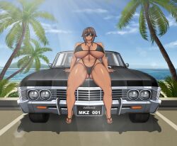 1girls beach bikini breasts car chevrolet chevrolet_impala dark-skinned_female dark_skin huge_breasts mk001black ocean original original_character reese_(mk001black) sea seaside spread_legs sunglasses swimsuit swimwear thighs tinted_eyewear