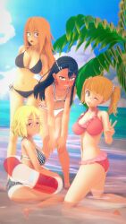 3d 4girls big_breasts black_hair blonde_hair blush breasts brown_eyes clothed clothing cricgck curvy female female_focus female_only gamo-chan hayase_nagatoro hi_res highres long_hair looking_at_viewer looking_back medium_hair orange_eyes orange_hair peace_sign please_don't_bully_me,_nagatoro revealing_clothes sakura_(nagatoro) sideboob simple_background small_breasts smile tan tan-skinned_female tan_body tan_skin tanline tanned tanned_female twintails wide_hips yoshi_(nagatoro)