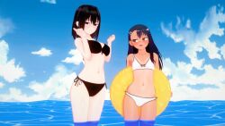 2girls 3d beach big_breasts bikini black_hair blush breasts brown_eyes cleavage clothed clothing cricgck curvy earrings female female_focus female_only hayase_nagatoro hi_res highres long_hair looking_at_viewer medium_hair misaki_nagatoro navel ocean open_mouth please_don't_bully_me,_nagatoro revealing_clothes simple_background sisters small_breasts tan tan-skinned_female tan_body tan_skin tanline tanned tanned_female wide_hips