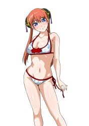 aged_up alternate_costume bikini blue_eyes blush bun_cover cleavage double_bun female female_only gintama kagura_(gintama) long_hair looking_at_viewer medium_breasts monyamonya78 official_alternate_hairstyle orange_hair side-tie_bikini smile solo swimsuit twintails