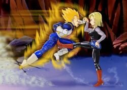 android_18 ballbusting defeated dragon_ball dragon_ball_z fighting kicking_balls nicetarget screaming super_saiyan vegeta