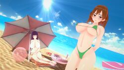 2girls beach big_breasts bikini breasts brown_hair cleavage clothed clothing cricgck curvy female female_only hi_res highres long_hair looking_at_viewer medium_hair multiple_girls navel please_don't_bully_me,_nagatoro pose president_(nagatoro) purple_hair red_eyes revealing_clothes sana_sunomiya shikki_(nagatoro) simple_background smile wide_hips