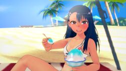 1girls 3d beach bikini black_hair blush breasts brown_eyes cleavage clothed clothing cricgck earrings female female_focus female_only hayase_nagatoro hi_res highres ice_cream long_hair looking_at_viewer open_mouth please_don't_bully_me,_nagatoro revealing_clothes simple_background small_breasts smile solo tan tan-skinned_female tan_body tan_skin tanline tanned tanned_female