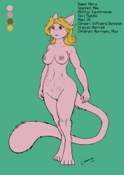 2022 4_toes 5_fingers amira_(swordfox) anthro areola blonde_hair breasts brown_eyes color_edit color_swatch colored edit english_text feet felid female fingers flat_colors front_view fur generation_1_pokemon genitals hair hi_res legendary_pokemon long_tail mammal medium_breasts mew_(pokemon) model_sheet nintendo nipples pink_body pink_fur pokemon pokemon_(species) pokemorph postpartum_stomach pussy s-nina signature solo standing stretch_marks tail text toes