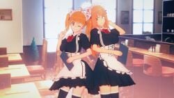 2girls 3d big_breasts blonde_hair breasts clothed clothing cricgck curvy female female_only gamo-chan hi_res highres long_hair looking_at_viewer maid maid_headdress maid_uniform multiple_girls orange_eyes orange_hair please_don't_bully_me,_nagatoro pose revealing_clothes simple_background twintails wide_hips wink yoshi_(nagatoro)