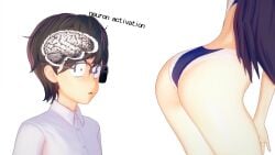 1boy 1girls 3d ass ass_awe big_breasts breasts brown_hair clothed clothing cricgck curvy english_text female hi_res highres long_hair meme naoto_hachioji_(senpai) neuron_activation_(meme) please_don't_bully_me,_nagatoro president_(nagatoro) purple_hair red_eyes revealing_clothes sana_sunomiya short_hair simple_background swimsuit text white_background wide_hips