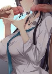 blue_sky breasts censored cum cum_in_mouth cumdrip day ejaculation eyes_out_of_frame fellatio handjob idolmaster multiple_penises nakatokung necktie oral penis shirase_sakuya sky