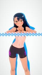 1girls 3d black_hair breasts brown_eyes clothed clothing cricgck earrings female female_focus female_only hayase_nagatoro hi_res highres long_hair looking_at_viewer navel please_don't_bully_me,_nagatoro pose revealing_clothes simple_background small_breasts smile solo sports_bra sportswear tan tan-skinned_female tan_body tan_skin tanline tanned tanned_female white_background