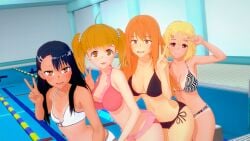 3d 4girls ass big_ass big_breasts bikini black_hair blonde_hair blush breasts brown_eyes cleavage clothed clothing cricgck curvy female female_focus female_only gamo-chan hayase_nagatoro hi_res highres long_hair looking_at_viewer medium_hair open_mouth orange_hair peace_sign please_don't_bully_me,_nagatoro revealing_clothes sakura_(nagatoro) simple_background small_breasts tan tan-skinned_female tan_body tan_skin tanline tanned tanned_female twintails v wide_hips yoshi_(nagatoro)