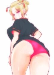 ass ass_focus big_ass blonde_hair facial_scar female female_only gintama hair_ornament hi_res kunai looking_at_viewer looking_back low-angle_view paleatus panties pink_panties purple_eyes shiny_skin sideboob solo thick_thighs tied_hair tsukuyo wearing_others_clothes