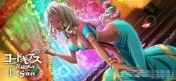 big_breasts bindi blonde_hair blue_eyes code_geass code_geass:_lost_stories curves dark-skinned_female harem_outfit indian indian_clothes indian_female jewelry official_art rakshata_chawla sari slim_waist smoking_pipe