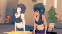 2girls 3d ass big_breasts black_hair breasts brown_eyes cleavage clothed clothing cricgck curvy female female_focus female_only hana_sunomiya hayase_nagatoro hi_res highres long_hair medium_hair navel please_don't_bully_me,_nagatoro ponytail purple_hair red_eyes revealing_clothes simple_background small_breasts tan tan-skinned_female tan_body tan_skin tanned tanned_female wide_hips