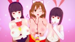 3girls areolae big_breasts breasts brown_eyes brown_hair bunny_ears bunnysuit cleavage clothed clothing cricgck curvy female female_only hana_sunomiya hi_res highres long_hair looking_at_viewer medium_hair multiple_girls nipples open_mouth please_don't_bully_me,_nagatoro president_(nagatoro) purple_hair red_eyes red_panda_ears red_panda_girl revealing_clothes sana_sunomiya shikki_(nagatoro) simple_background tongue_out wide_hips wink