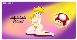 1girls big_breasts blonde_hair blue_eyes breasts busty feet female female_only full_body gloves hands_on_own_chest highres idendrawx kneeling large_breasts legs long_hair mario_(series) mushroom navel nintendo nipples princess princess_peach simple_background smile solo super_mushroom thick_thighs thighs thong topless voluptuous