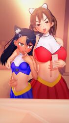 2girls 3d big_breasts black_hair breasts brown_eyes brown_hair cat_ears catgirl clothed clothing cricgck curvy female female_focus female_only hayase_nagatoro hi_res highres long_hair looking_at_viewer medium_hair open_mouth please_don't_bully_me,_nagatoro red_panda_ears red_panda_girl revealing_clothes selfie shikki_(nagatoro) simple_background skirt small_breasts tan tan-skinned_female tan_body tan_skin tanned tanned_female tongue_out wide_hips