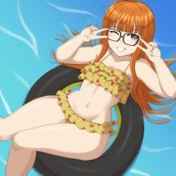 1girls atlus bikini breasts cute double_v female female_only glasses grin highres legs long_hair looking_at_viewer navel one_eye_closed orange_hair persona persona_5 pool purple_eyes sakura_futaba sega small_breasts smile swimsuit thighs v water wink