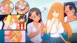 1boy 2girls 3d big_breasts black_hair breasts brown_eyes cleavage clothed clothing cricgck cum cum_in_pussy cum_inside cum_on_food curvy erection female gamo-chan hayase_nagatoro hi_res highres long_hair naoto_hachioji_(senpai) orange_eyes orange_hair penis please_don't_bully_me,_nagatoro revealing_clothes simple_background small_breasts tan tan-skinned_female tan_body tan_skin tanned tanned_female vaginal_penetration wide_hips