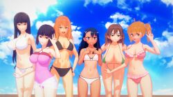 3d 6girls beach big_breasts bikini black_hair blonde_hair breasts brown_eyes brown_hair clothed clothing cricgck curvy female female_only gamo-chan hana_sunomiya hayase_nagatoro hi_res highres long_hair looking_at_viewer multiple_girls navel orange_eyes orange_hair please_don't_bully_me,_nagatoro president_(nagatoro) purple_hair red_hair revealing_clothes sana_sunomiya shikki_(nagatoro) simple_background sisters small_breasts swimsuit tan tan-skinned_female tan_body tan_skin tanline tanned tanned_female wide_hips yoshi_(nagatoro)