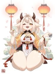 bottom_heavy dress horns kawarage kneeling on_knees thick_thighs white_body white_hair wide_hips wink yellow_eyes